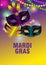 Three carnival masks and feathers on a colorful background for Mardi gras. Greeting card, banner or poster with shining beads.