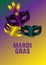 Three carnival masks and feathers on a colorful background for Mardi gras. Greeting card, banner or poster . Vector