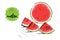 Three cartoon hand drawn melon pieces and half of watermelon on sketch floor. Melon retro store label badge.