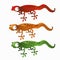 Three cartoon lizards red, green, and orange