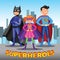 Three cartoon superheroes. Boys and girl in superhero costumes