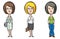 Three cartoon women professionals doctor secretary teacher