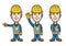 Three cartoon workers pointing waving injured