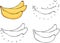 Three cartoon yellow bananas. Vector illustration. Coloring and