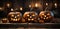 Three carved halloween pumpkins. Generative AI