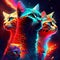 Three cats in the background of a cosmic fire. Vector illustration. Generative AI