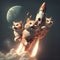 Three cats flying on a rocket with the moon in the background. Generative AI
