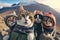 Three cats in hats and scarves on the background of mountains