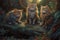 Three cats sitting on a log in the forest. Digital painting Ai generative