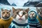 Three cats in warm knitted hats and scarves on a background of mountains and snow
