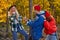 Three caucasian friends laughing during hike, adventure in the forest