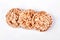 Three cereal crackers on white background.