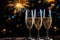 Three Champagne Glasses On Black Background Of Fireworks With Empty Space. Generative AI
