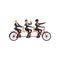 Three cheerful men in black classic suits riding tandem bicycle. Business partners, team work. Cartoon people characters