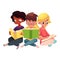 Three children, boys and girls, reading books sitting crossed legs