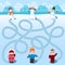 Three children make three snowmen. Find whose is where? Children`s picture with a riddle