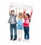 Three children with open mouths holding empty sheet of paper