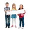 Three children with open mouths holding empty sheet of paper