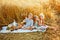Three children are sitting on a picnic in a field of ripe wheat on a sunny day with baskets of fruit and bagels. Friends since
