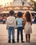 Three children with their backs to the camera looking at an amusement park. Generative AI