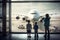 Three children watch through the airport window for a large standing plane