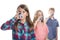 Three childs using inhaler for asthma. White background