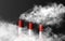 Three chimneys emits thick smoke clouds. Ecology related urban realistic vector illustration isolated on the dark