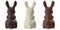 Three chocolate bunnies made from black, milk and white chocolate, isolated on white.