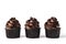 Three chocolate cupcakes with gold sparkles sprinkled on chocolate icing on isolated white background. Mockup for your