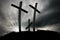 Three Christian crosses on a cloudy sky