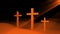 Three christian crosses are on ground and sun rays, resurrection Easter conceptual art, 3d render