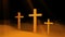 Three christian crosses are on ground and sun rays, resurrection Easter conceptual art, 3d render