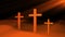 Three christian crosses are on ground and sun rays, resurrection Easter conceptual art, 3d render