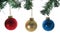 Three christmas ball ornaments with tree branches isolated.