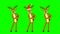 Three Christmas reindeer in red caps and with antlers are dancing