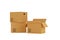 Three closed and open brown cardboard moving storage boxes over white background, moving day concept