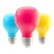 Three CMYK colored bulbs
