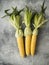 Three cobs of fresh, yellow, peeled corn with knotted leaves