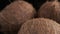 Three coconuts spinning on a black background close-up