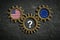 Three cogwheels on slate background with the flags of USA and the EU and a question-mark in the middle