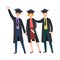 Three college graduates in graduation caps, gowns