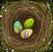 Three colored Easter s eggs in the nest with hay, decorated with blue and white flowers, Easter composition,