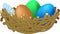 Three colored eggs lie in a nest Easter illustrati