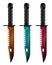 Three colored military knife on white background. Set army knife. Army blade. Bayonet. Bundle military bayonet weapon.