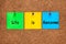 Three colored notes on corkboard with words Life is Awesome