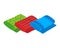Three colorful beach towels rolled up. Red, blue, and green patterned towels for summer vacation. Beach accessories and