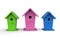 Three colorful birdhouses on a white background