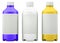 Three colorful bottles for chemicals or drugs