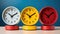 Three colorful clocks on a table with a blue background, AI