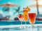 Three colorful cocktails by the sunny pool against the background of blue sky and white umbrellas. Summer, vacation